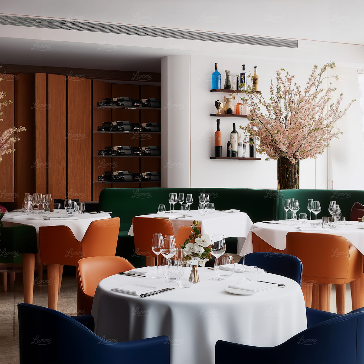 Restaurant dining room prepared for guests.