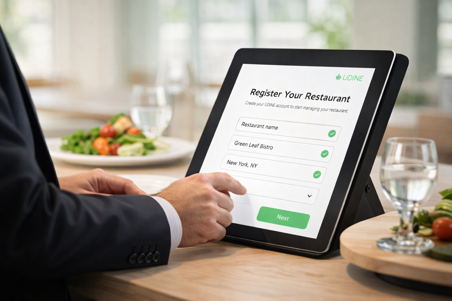 Tablet showing restaurant registration form.